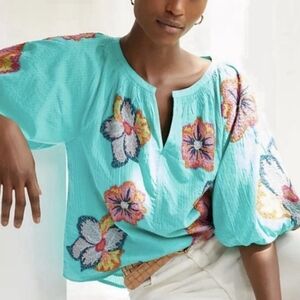 Cato Turquoise Floral Embroidered Peasant Top Size 22/24